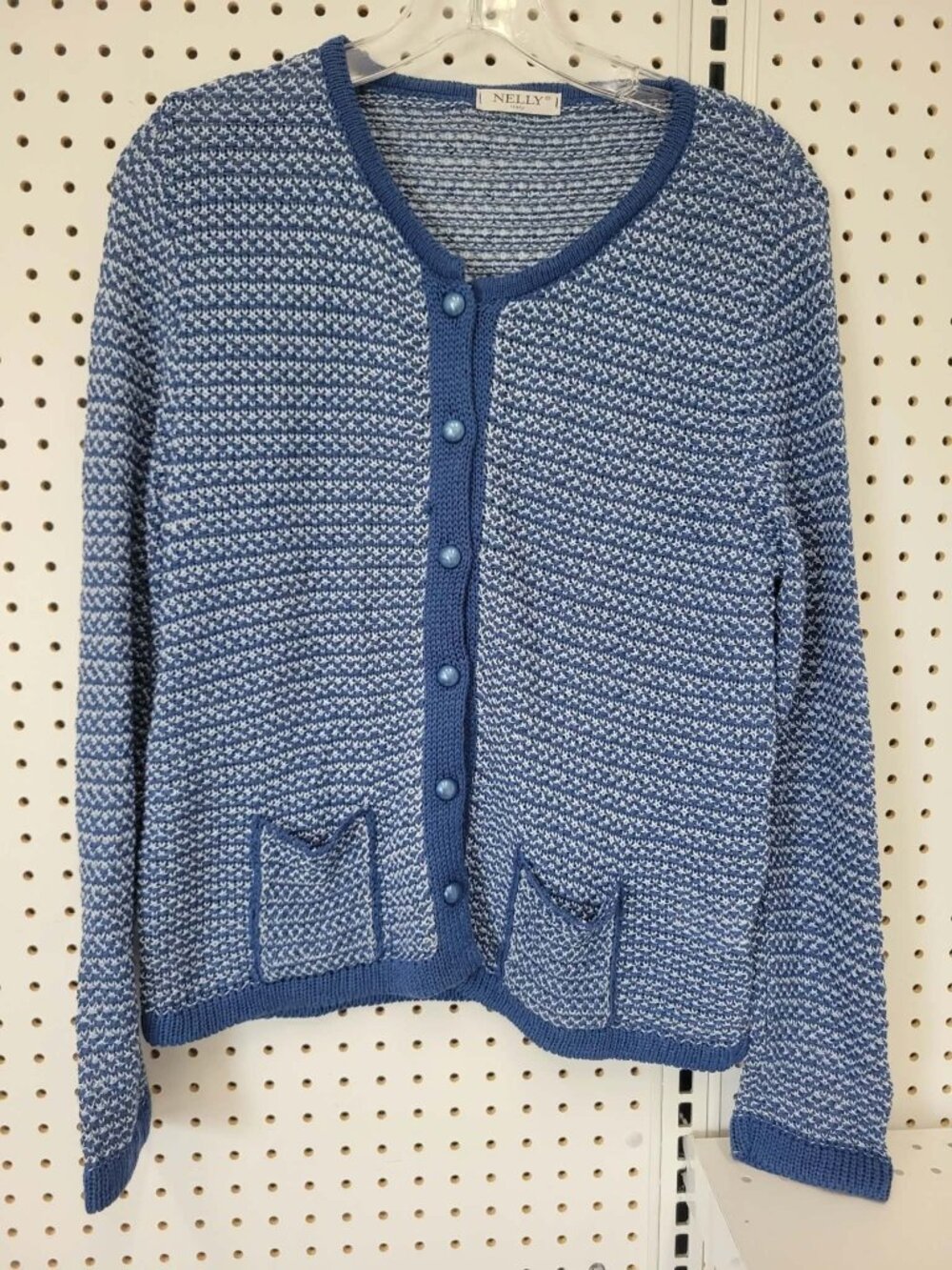 Blue & White Nelly Italy Knit Cardigan With Front Pockets Button-Up XL Acrylic